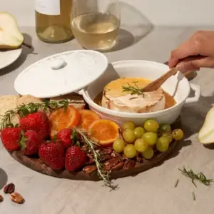 White Ceramic Brie Baker & Lid w/ Acacia Spreader